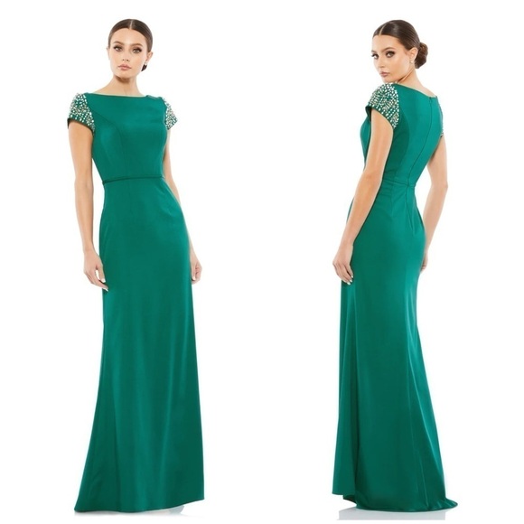 IEENA FOR MAC DUGGAL Beaded Cap Sleeve Bateau Column Dress In Emerald Green - Picture 1 of 8